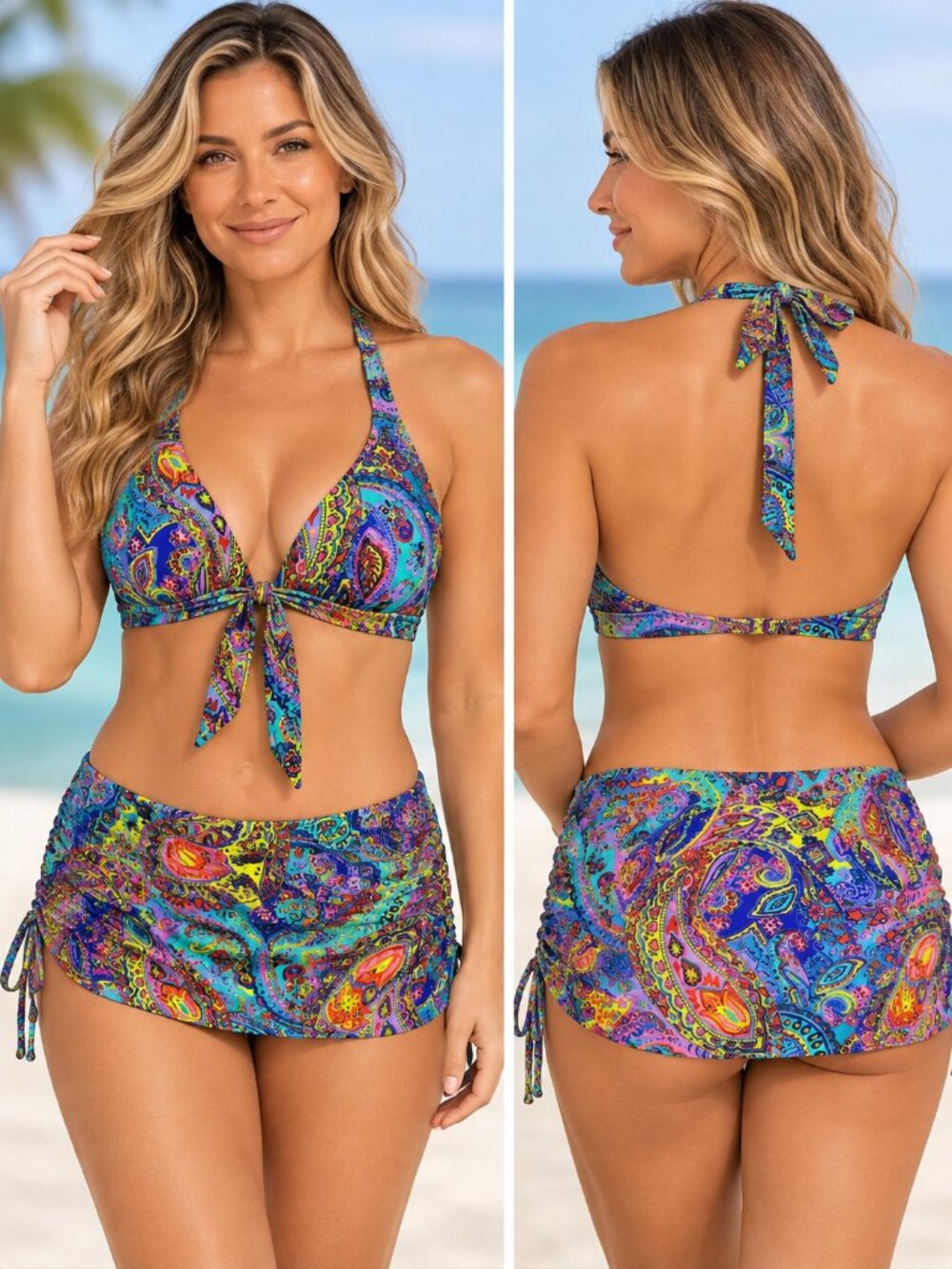 Vintage Victoria's Secret Paisley Halter Bikini Set with Swim Skirt